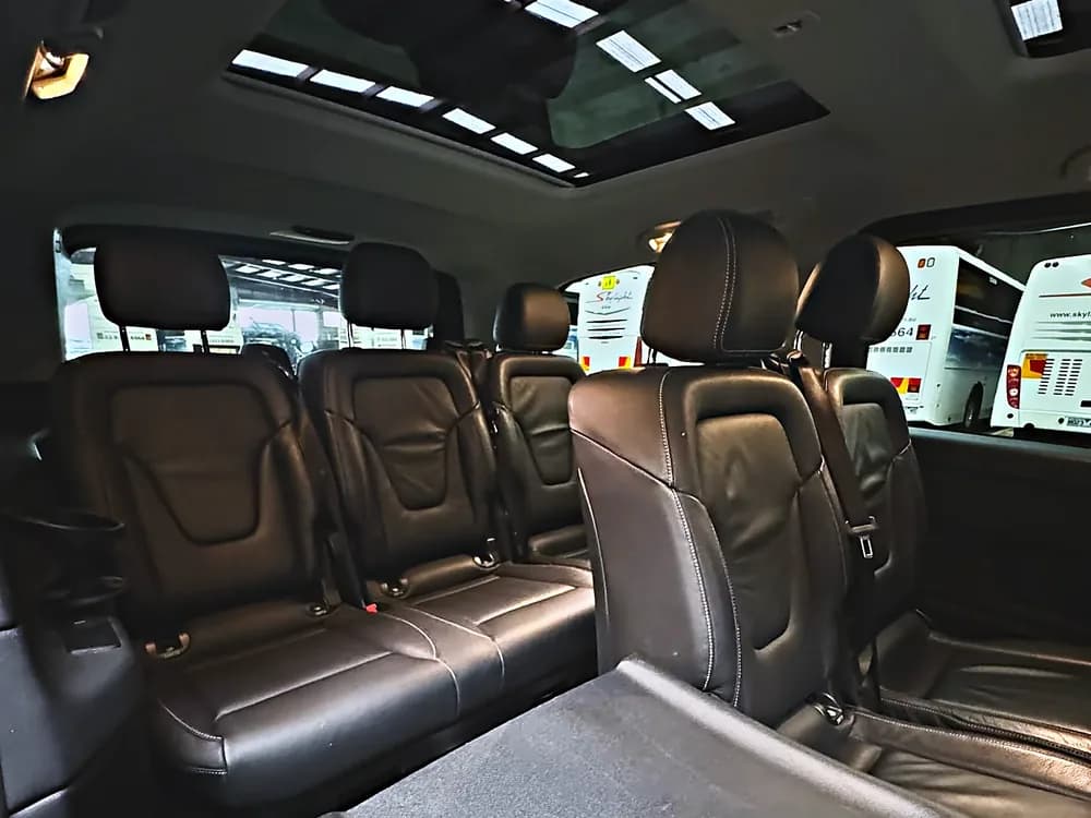 Second and third row leather seating in the Skylight Buslines Mercedes-Benz V-Class, photographed at the Campbellfield depot
